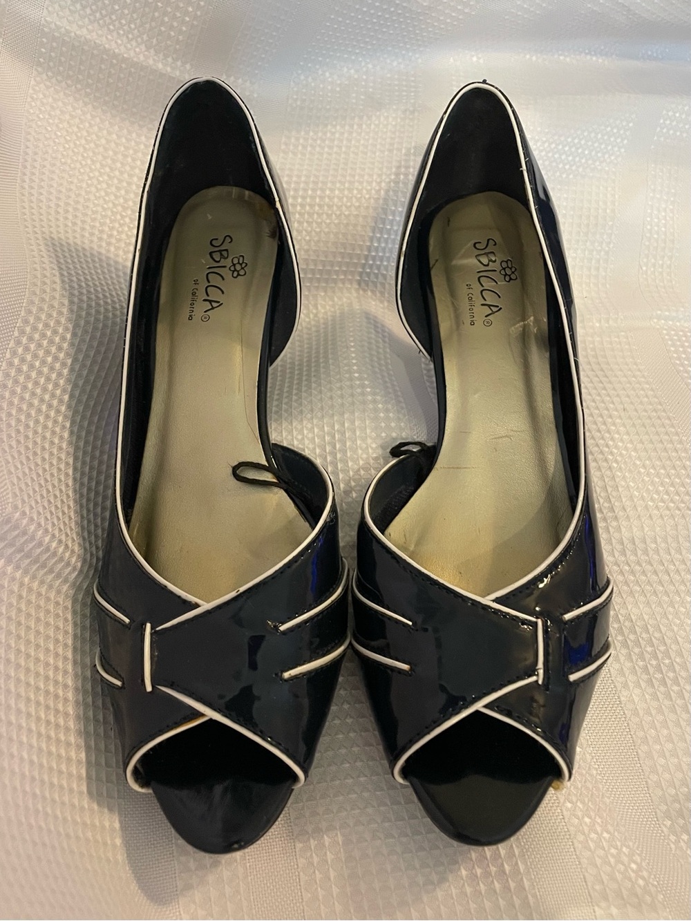 Navy Patent Peep-Toe Flats with Contrast Trim